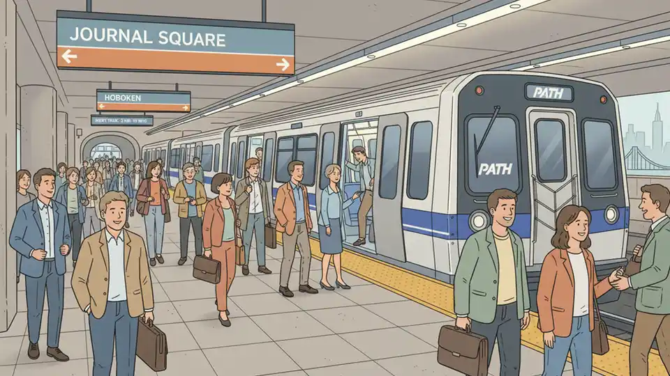 PATH train at station platform with passengers waiting as train doors open during weekday commute