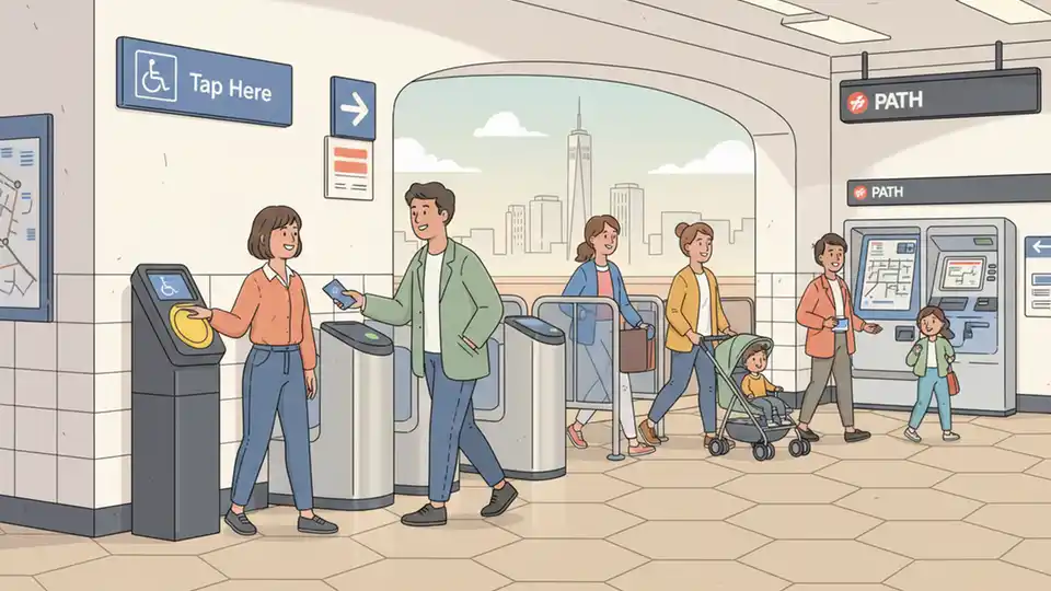 Fare card reader at PATH station entrance with accessibility signage