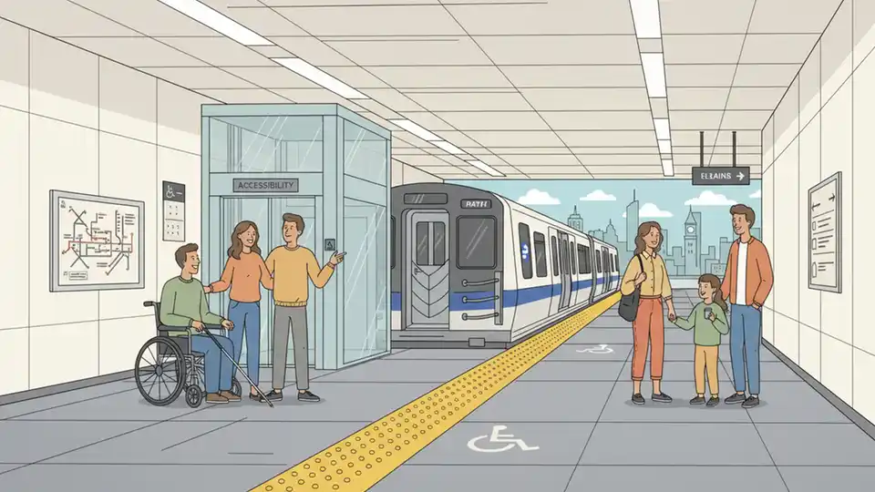 PATH train at station platform with accessibility features visible including elevator and tactile warning strips