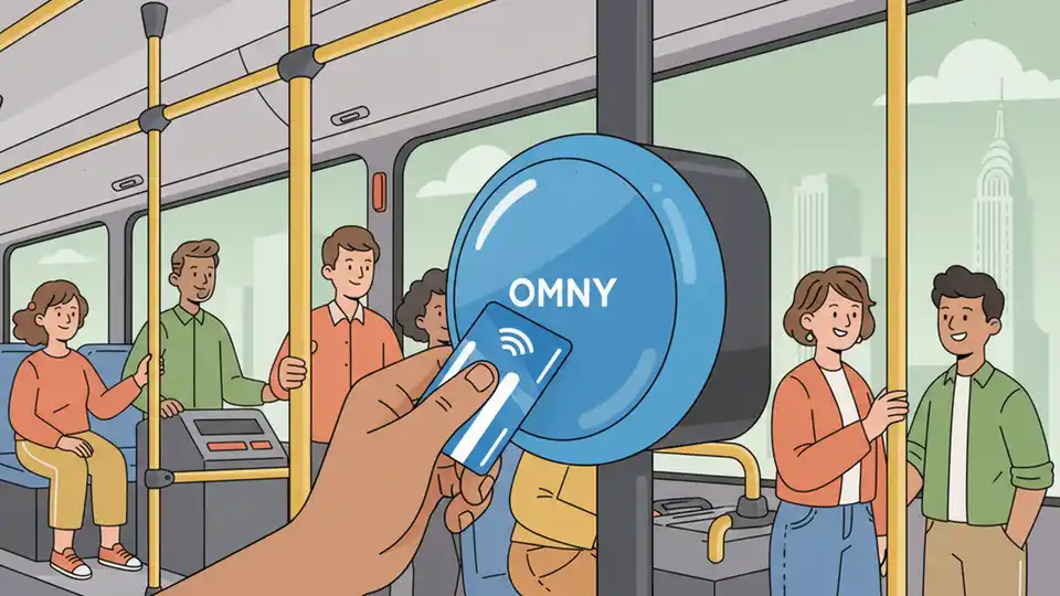 Close-up of OMNY contactless payment card reader on MTA bus with rider tapping card