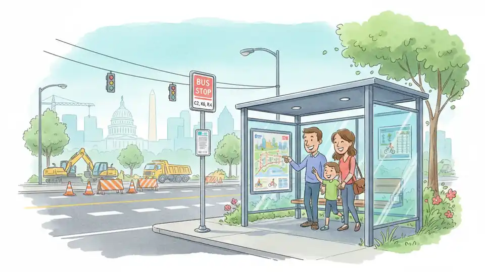 Bus stop sign and shelter on New Hampshire Avenue with construction equipment visible in the background