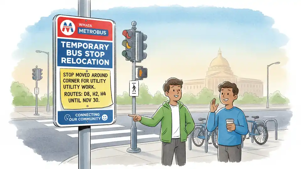 Temporary bus stop sign with route information posted on a pole near an intersection, showing WMATA branding and stop relocation notice