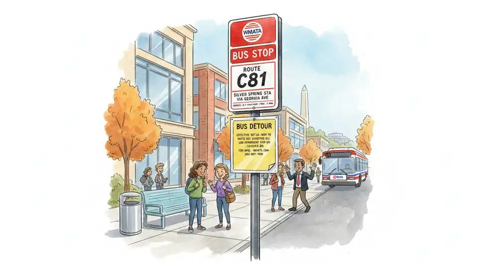 WMATA bus stop sign showing route C81 information with detour notice posted