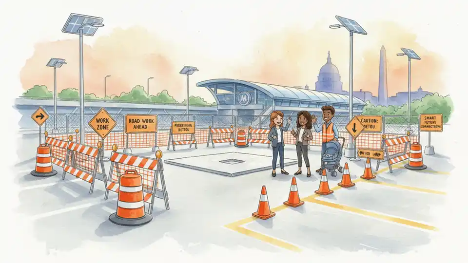 Construction zone signage and safety barriers at Metro station parking facility, with clear warning signs visible to drivers and pedestrians approaching the work area