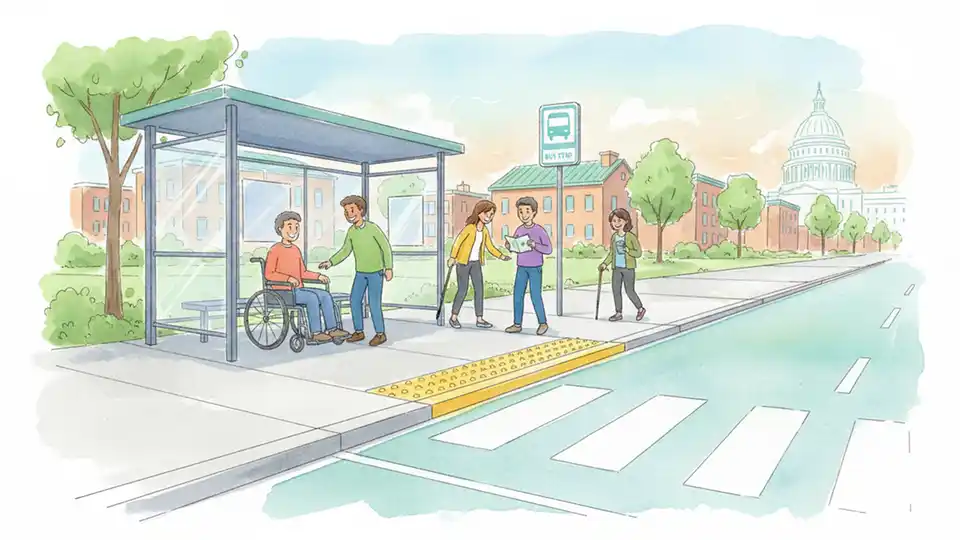 Close-up view of ADA-compliant bus stop boarding pad with tactile warning strips and level boarding surface, showing accessibility features required for wheelchair users
