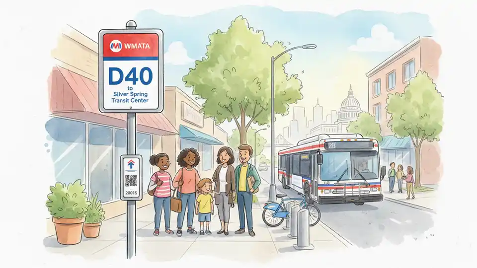 WMATA bus stop sign showing route D40 with directional information for Silver Spring Transit Center