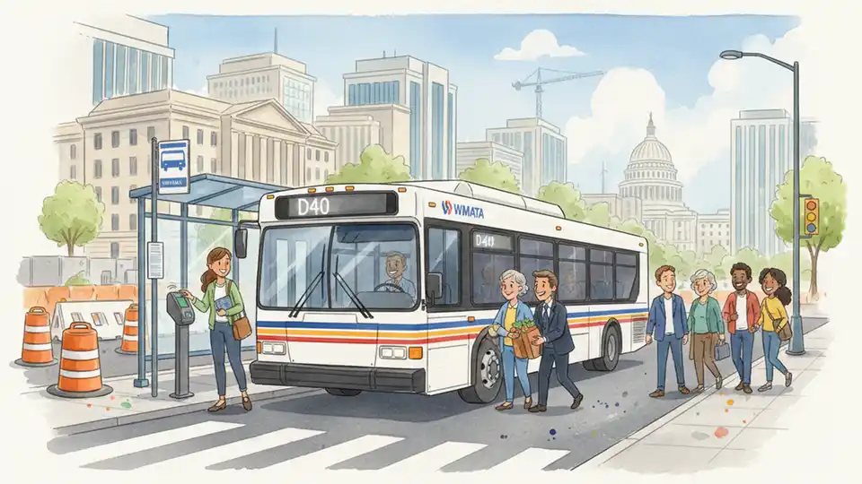WMATA D40 bus at downtown Washington stop with construction barriers visible in background