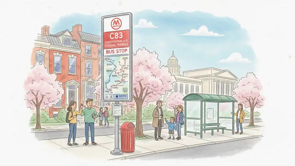 WMATA C83 bus route sign at bus stop in Northwest DC with route map visible