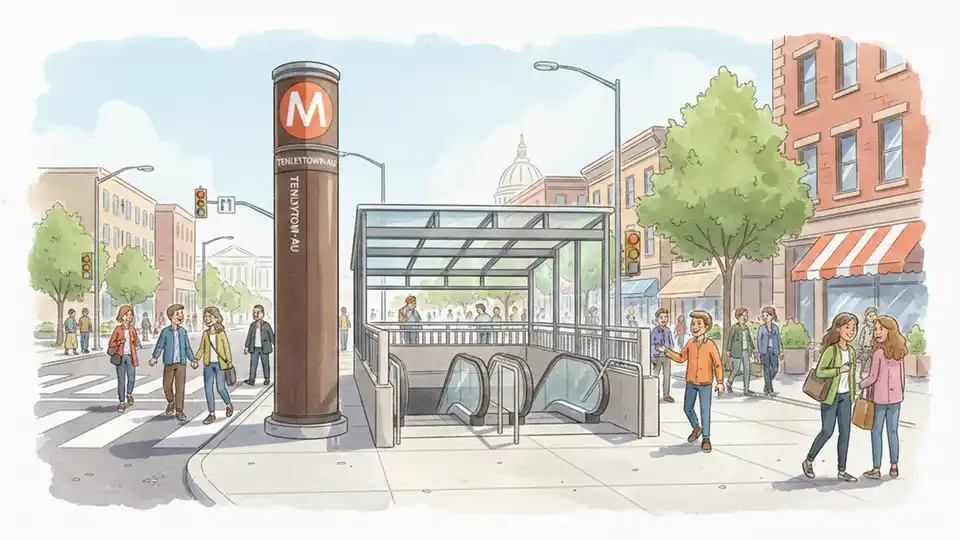 Wide view of Tenleytown-AU Metro station entrance showing escalator access, station signage, and surrounding street level area with pedestrians