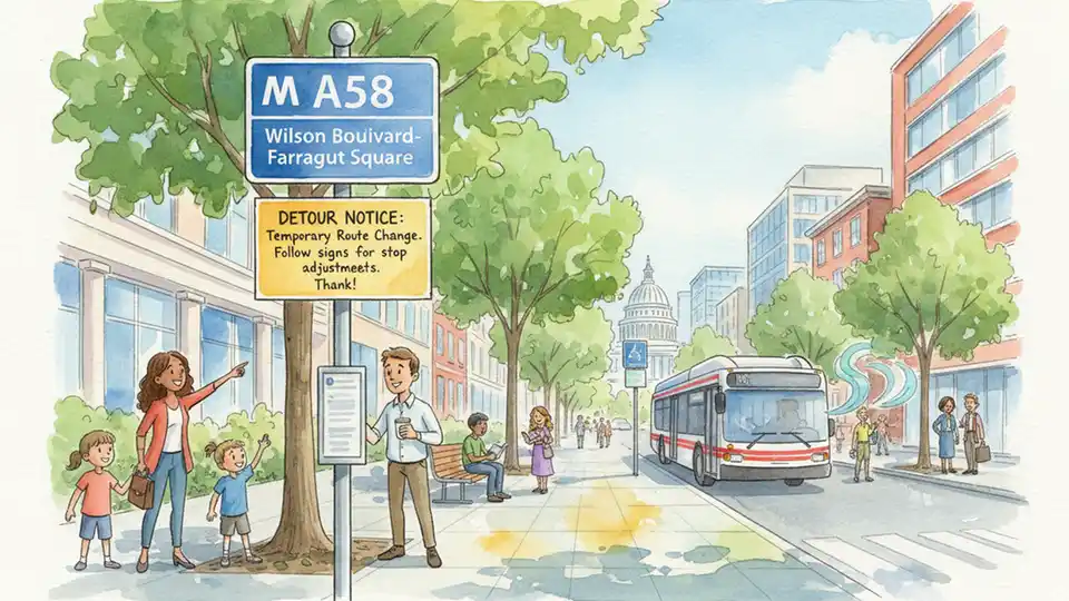 WMATA bus stop sign showing route A58 Wilson Boulevard-Farragut Square with detour notice posted