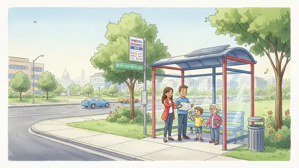WMATA bus stop sign and shelter at suburban location with Democracy Boulevard street sign visible, showing typical Montgomery County transit infrastructure