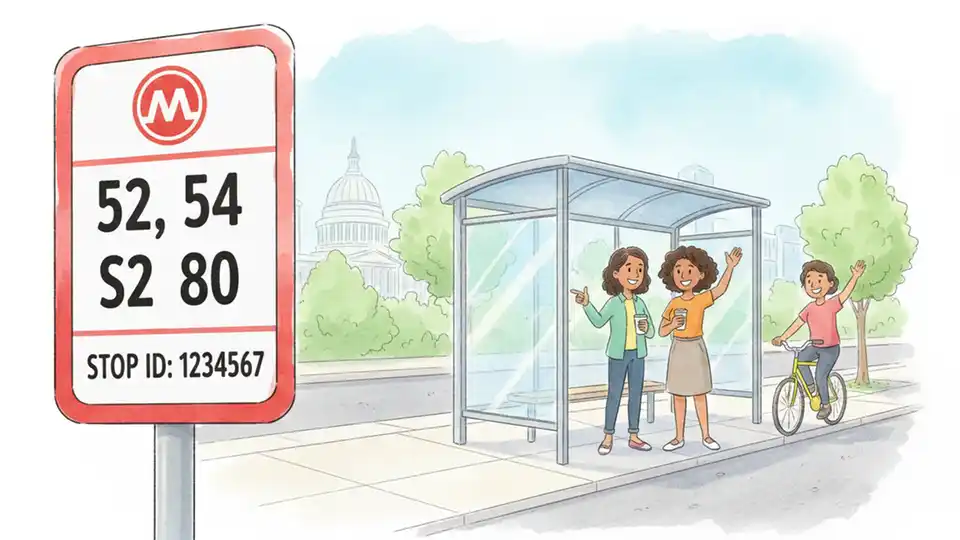 Close-up view of a WMATA bus stop sign showing route numbers and stop ID information, with a covered bus shelter in the background
