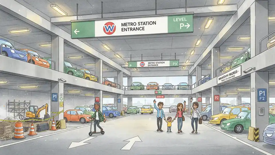 Multi-level parking garage interior at Metro station showing parking spaces and directional signage with construction activity