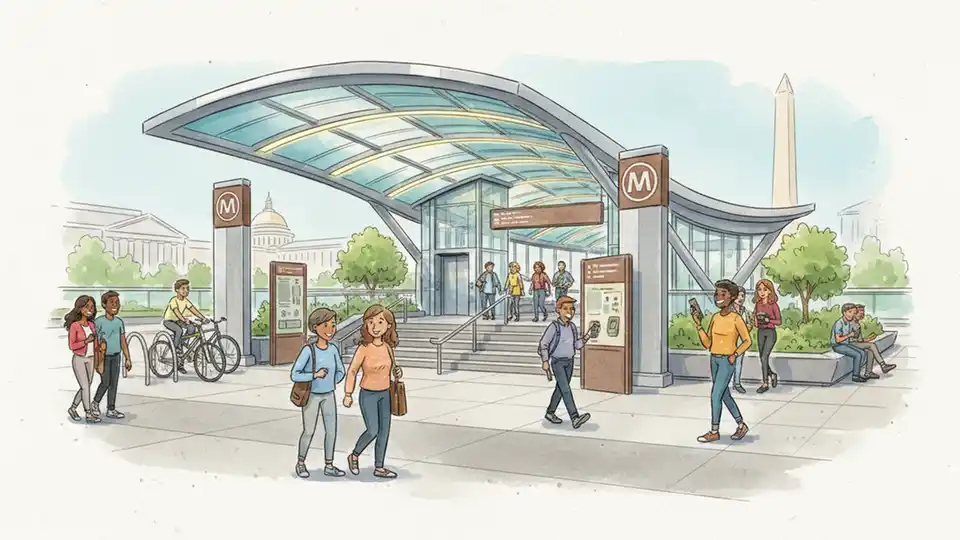 Metro station canopy covering entrance stairway with weather protection and modern design elements