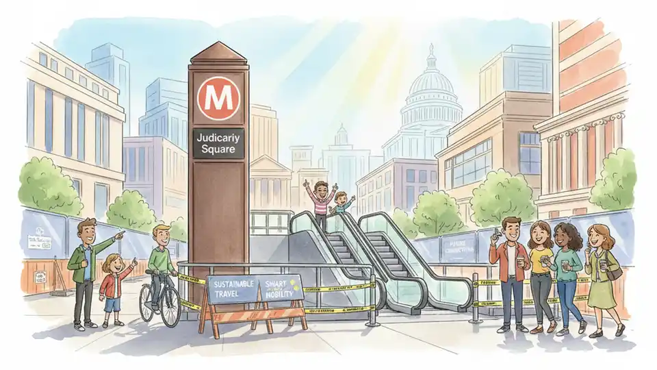 Metro Judiciary Square Station north entrance at F Street NW showing construction area with escalators and station signage