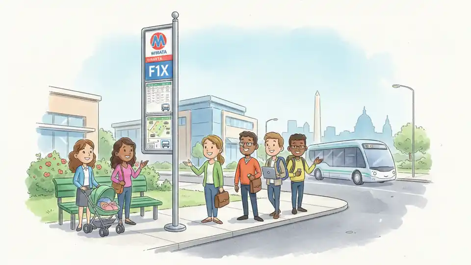WMATA bus stop sign showing F1X route number with schedule information posted, typical suburban transit stop setting