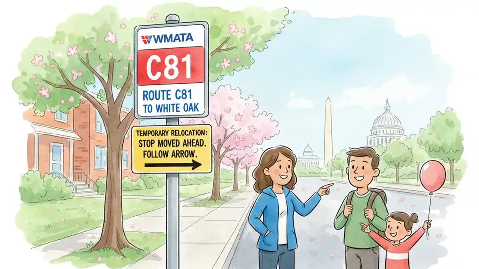 WMATA bus stop sign showing temporary relocation notice with route C81 information and directional signage