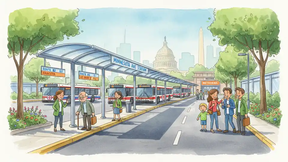 Minnesota Ave Metro station bus bays with WMATA buses parked at covered boarding platforms