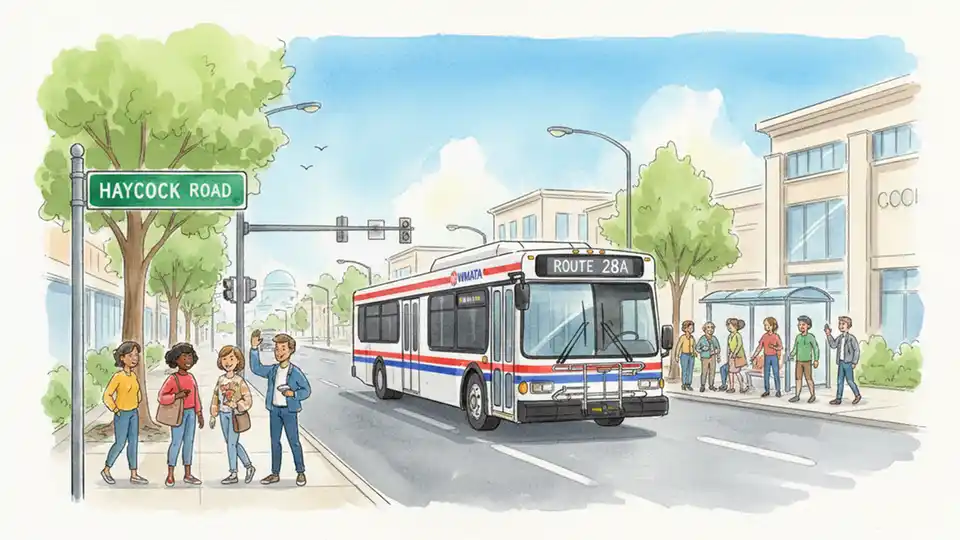 WMATA bus traveling on Leesburg Pike with Haycock Road intersection sign visible in Northern Virginia