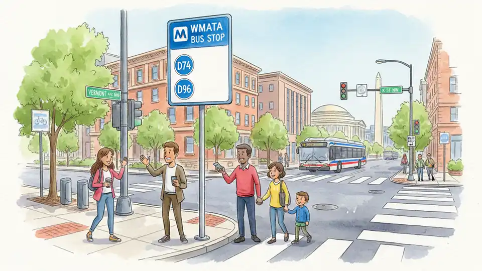 WMATA bus stop sign showing routes D74 and D96 with street intersection in urban setting