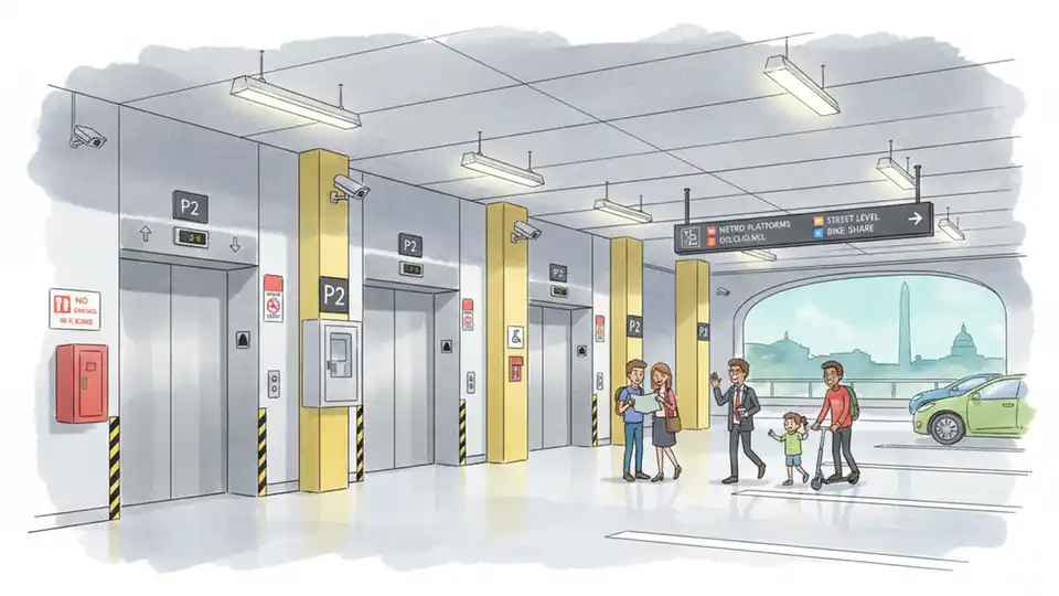 Modern metro station parking garage interior showing multiple elevator banks with updated safety equipment and signage