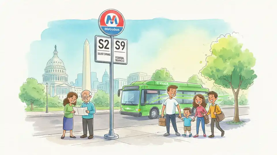 Close-up of WMATA bus stop sign and pole with route number displayed at curbside location