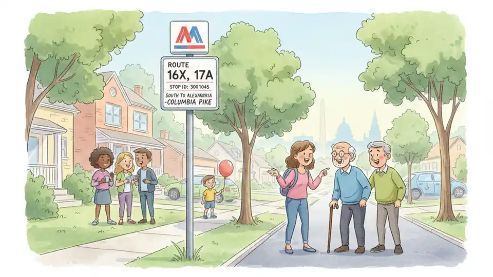 WMATA bus stop sign showing route number and stop ID information with residential area in background