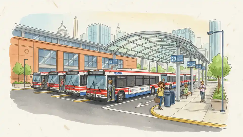 WMATA bus bay at Ballston Metro station with multiple buses and covered waiting area
