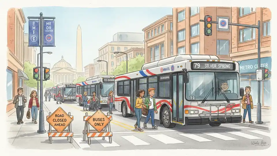 Multiple WMATA Metrobus vehicles lined up at downtown transit hub with street closure signs visible