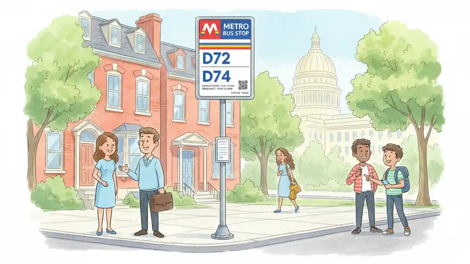 Metro bus stop sign showing route numbers D72 and D74 with schedule information in Washington DC