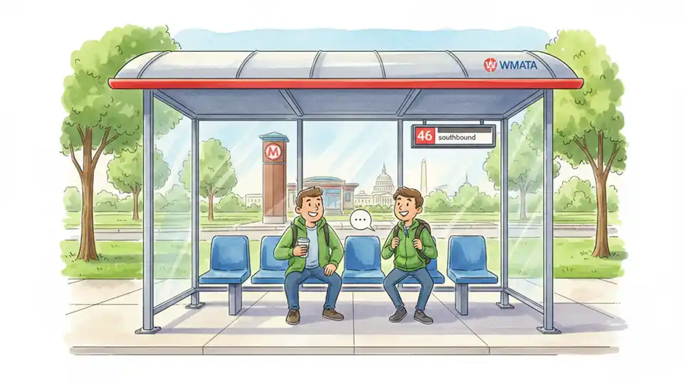 WMATA bus shelter at Grosvenor-Strathmore Metro station with route signage visible. Alt text: WMATA bus shelter at Grosvenor-Strathmore station serving route 46 southbound. Composition: Front angle showing shelter structure, seating area, and route information display with Metro station entrance visible in background.