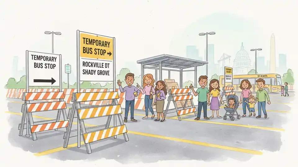 Construction signage and temporary bus stop markers at Metro station bus loop. Alt text: Temporary bus stop signage at WMATA Grosvenor-Strathmore station during shelter construction. Composition: Close-up of directional signage and temporary stop markers with construction barriers and bus loop visible.