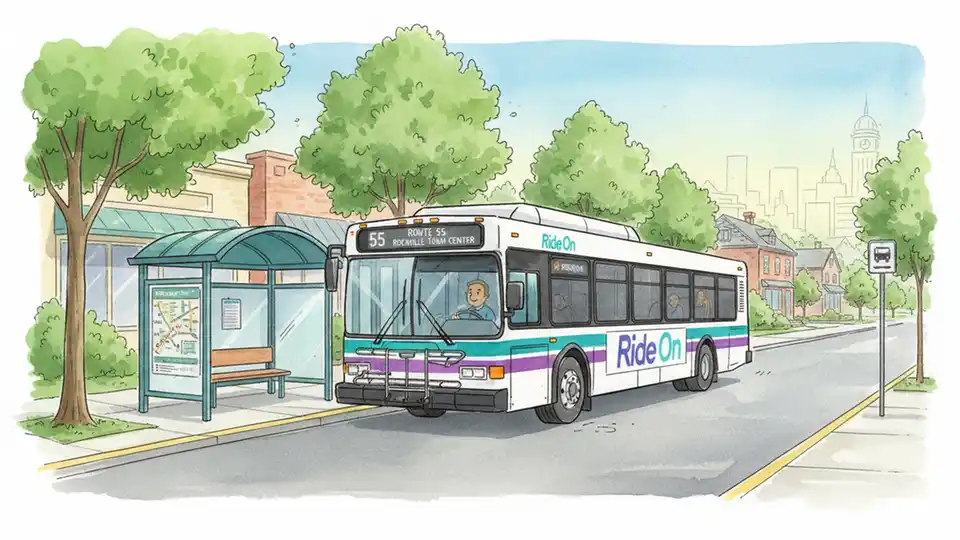 Public transit bus at a stop in Montgomery County, Maryland, showing the type of transportation system the veteran previously relied on for daily commuting
