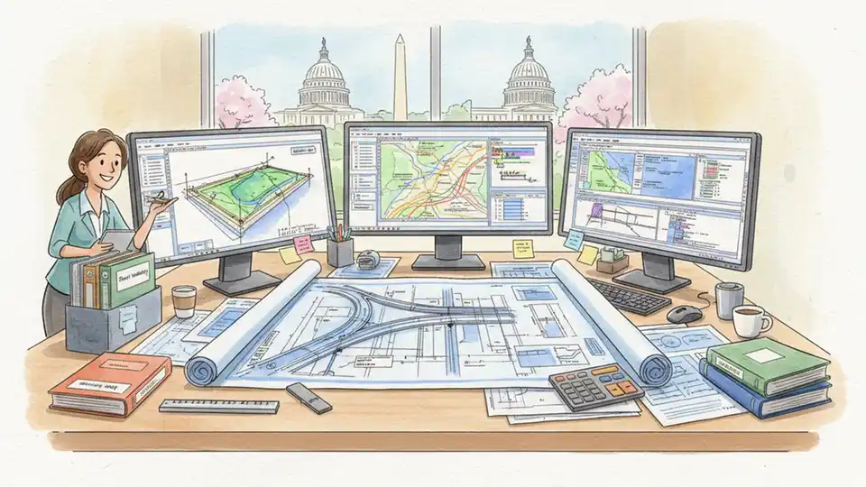 Highway infrastructure planning workspace with engineering blueprints, computer screens displaying road design software, and transportation project management materials