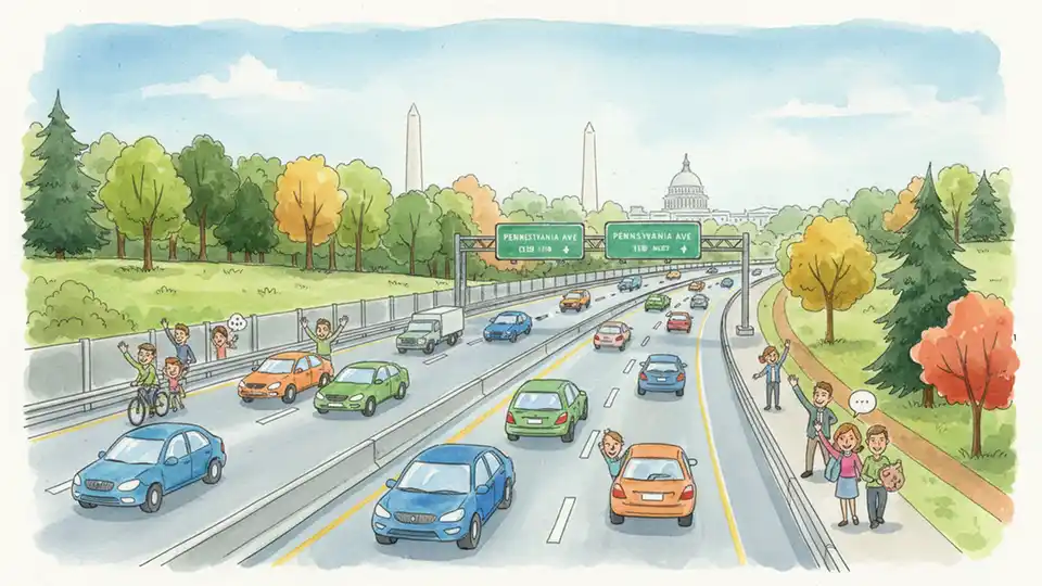 Capital Beltway highway lanes with traffic flowing normally past Pennsylvania Avenue exit in Prince George's County