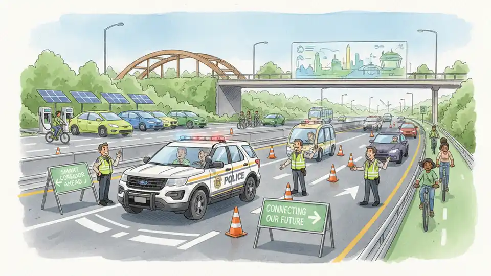 Maryland State Police vehicle and emergency responders at highway crash scene with traffic cones and lane closure signs on I-495