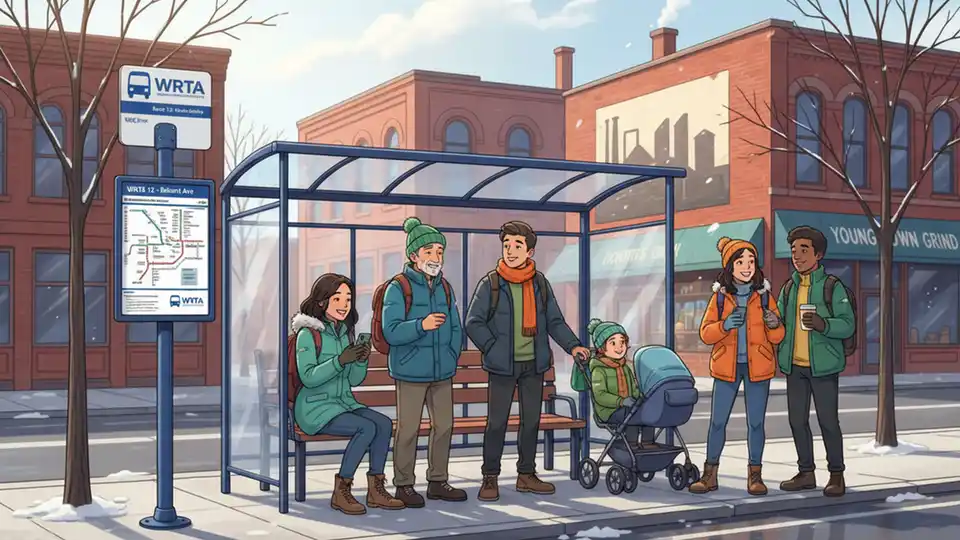 Transit riders waiting at Ohio Valley bus stop with schedule posted
