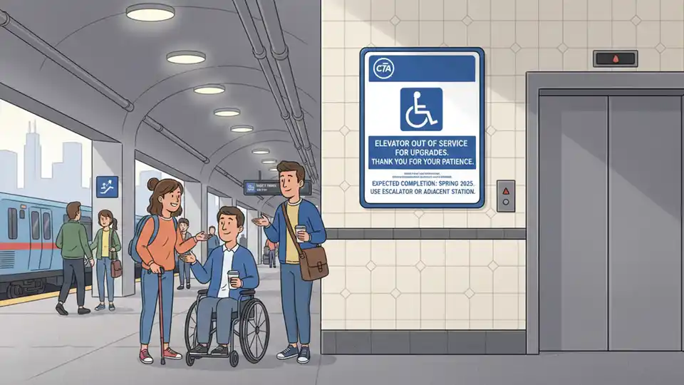 CTA elevator maintenance sign at Chicago subway station with accessibility symbols