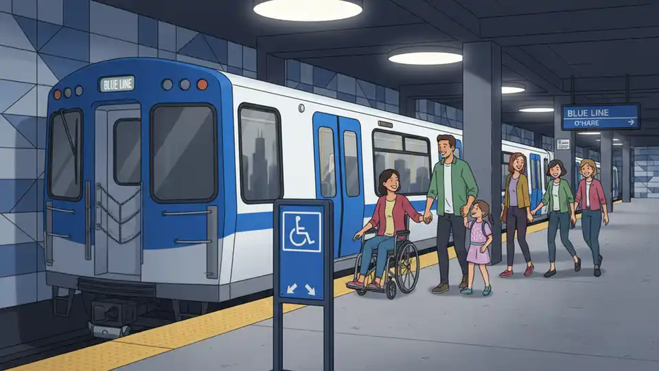 CTA Blue Line train at platform with accessibility signage in foreground