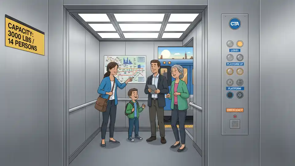 CTA elevator interior at rail station showing control panel, capacity signage, and accessibility features typical of Chicago Transit Authority equipment
