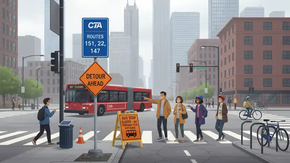Chicago downtown street intersection with CTA bus route sign and temporary detour signage, urban buildings in background