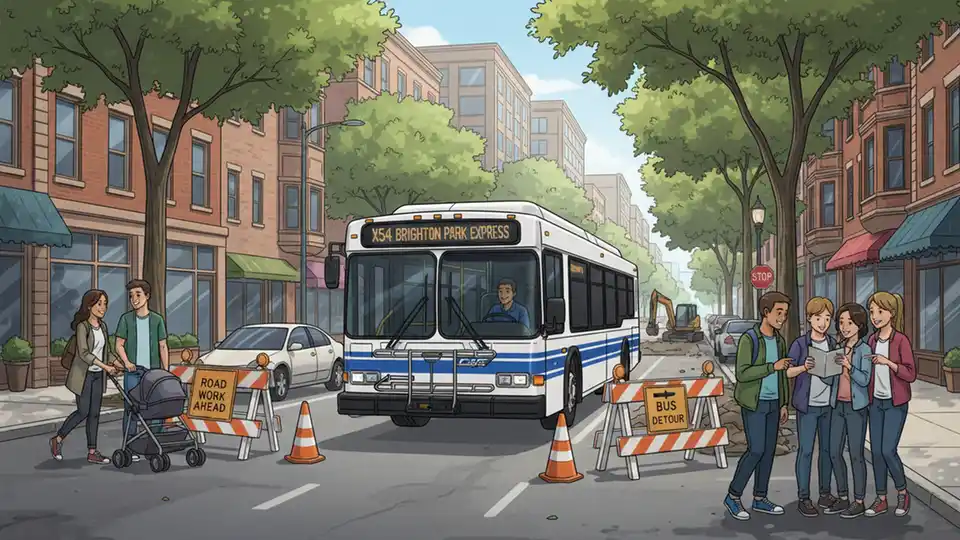 CTA bus navigating detour route on South Side Chicago street with construction barriers visible in background