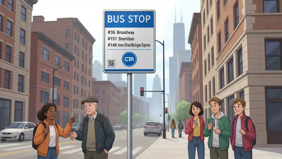 Chicago bus stop sign with route information and city street background