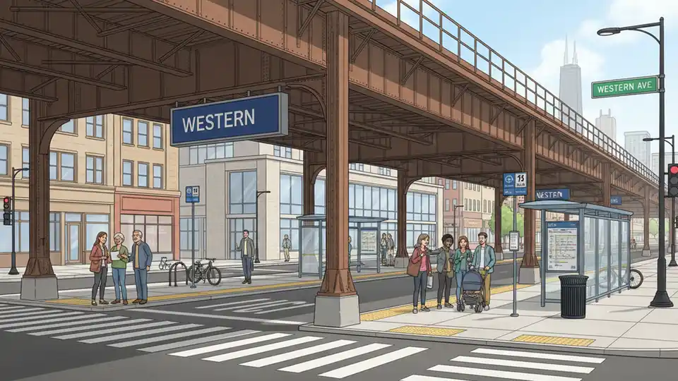 CTA Western Brown Line station exterior showing bus terminal area and passenger boarding zones