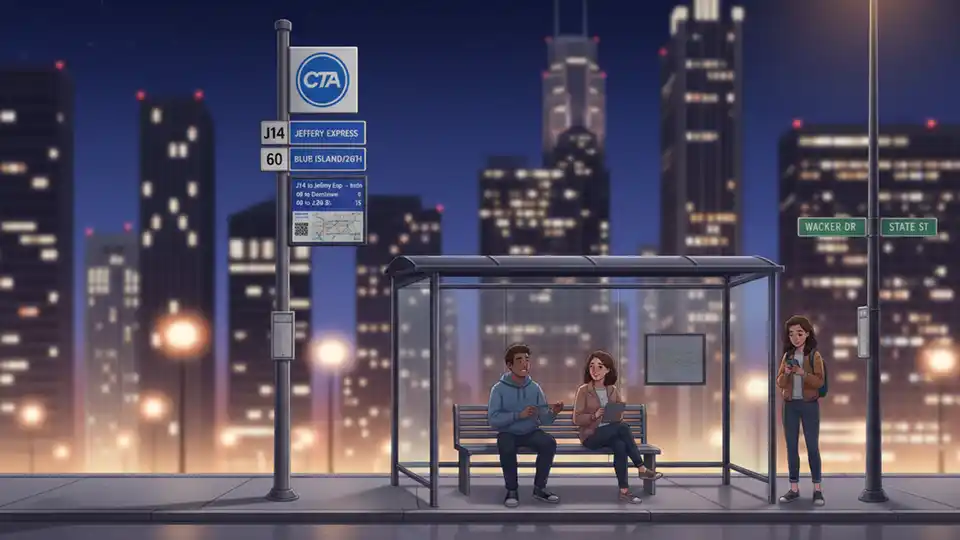 Downtown Chicago bus stop at night showing CTA route signage and schedule information with city lights in background