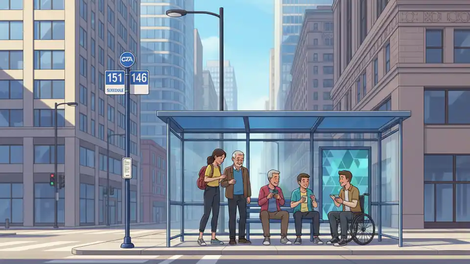 CTA bus stop sign and shelter at downtown Chicago street corner with city buildings in background