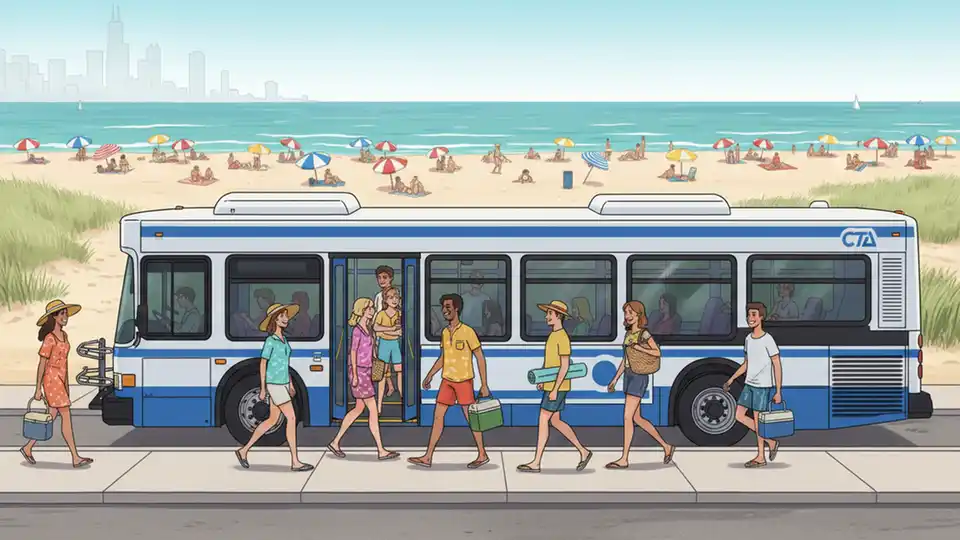 Chicago beachgoers boarding a CTA bus at a lakefront stop with beach umbrellas and Lake Michigan shoreline visible