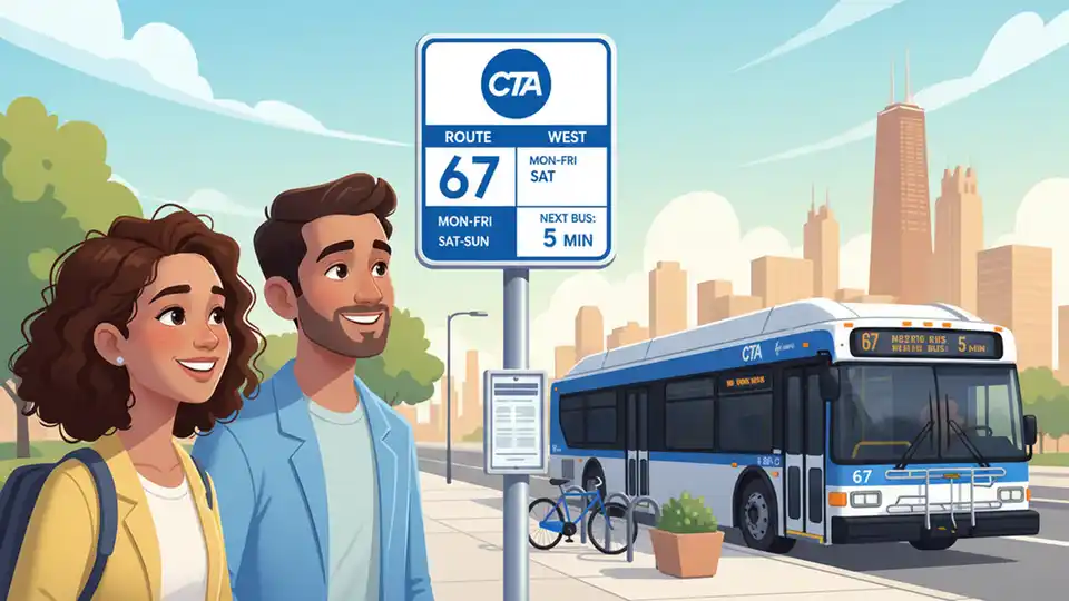 Chicago Transit Authority bus stop sign showing route numbers and schedule information on 67th Street, with CTA logo visible