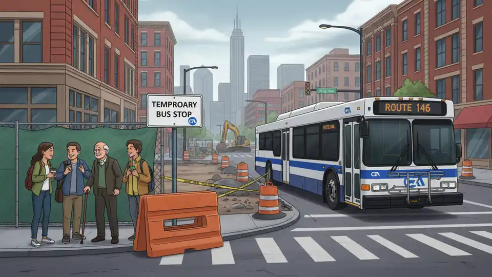 Temporary bus stop sign with construction zone and CTA bus approaching