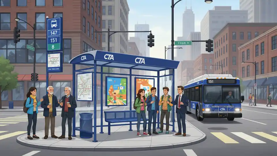 Chicago CTA bus stop sign and shelter at a busy intersection corner, showing route number display and passenger amenities, urban street view